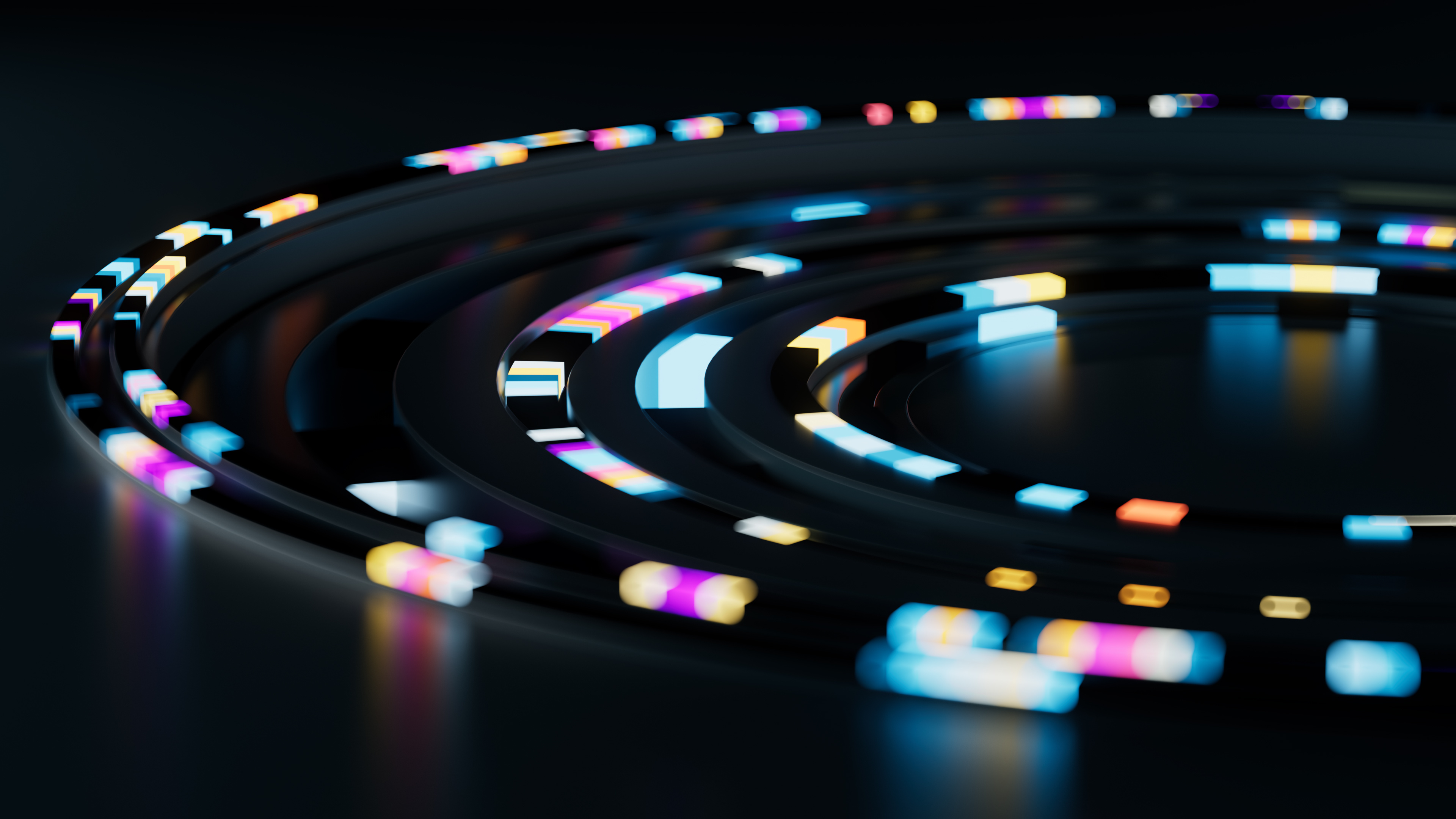 3d render of colorful rings imitates the Artificial Intelligence deep learning process. Glowing abstract geometry composition with reflections. Depth of field effect